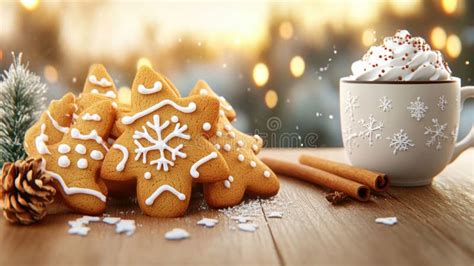 Festive Christmas Cookies And Hot Cocoa On A Wooden Table For Holiday Celebration Stock Photo