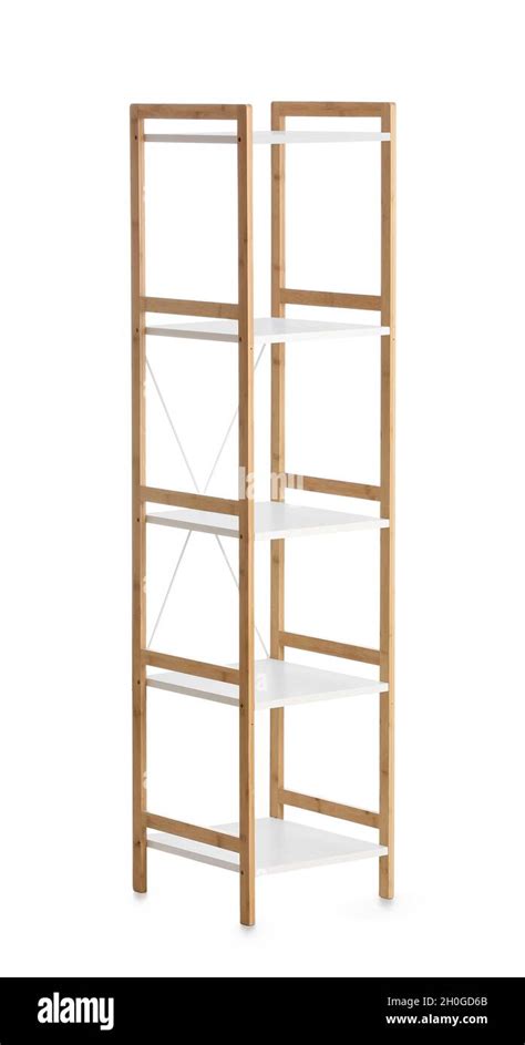 Empty wooden bookcase on white background Stock Photo - Alamy