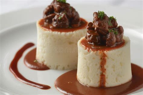 Gourmet Chocolate Panna Cotta Topped With Caramel Sauce And Mint Leaves