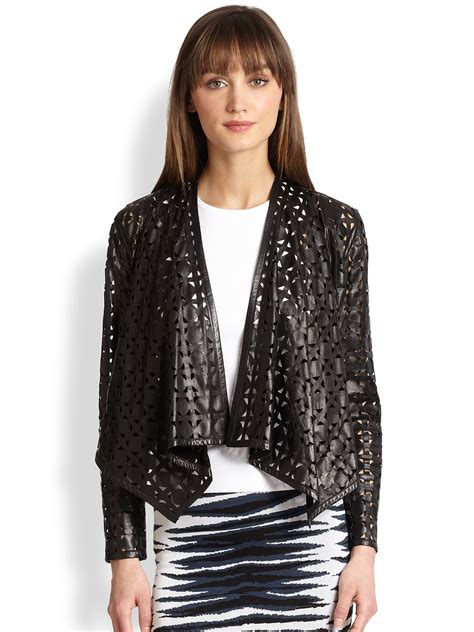 Lyst - Milly Draped Laser-Cut Leather Jacket in Black