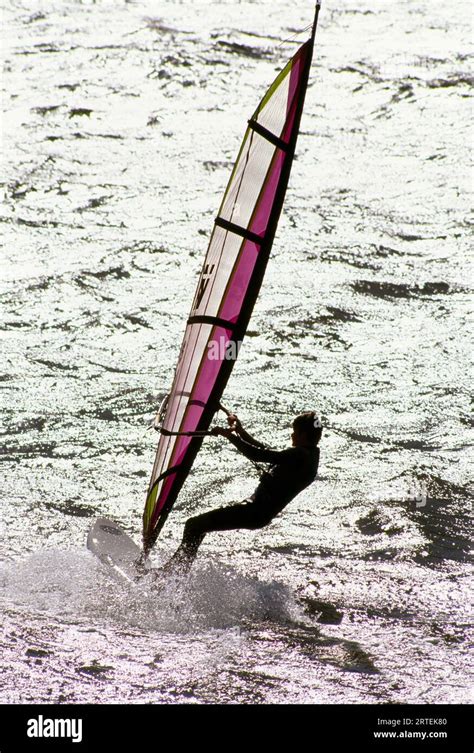 Windsurfer Sailing Across The Water Oahu Hawaii United States Of