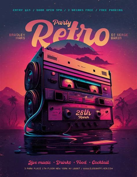 Modern Retro Party Free Flyer Template With Boombox And Mountains