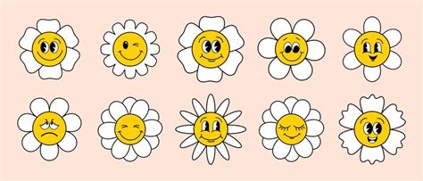 Premium Vector Set Of Groovy Flowers Emoticons Emoji Retro Groove