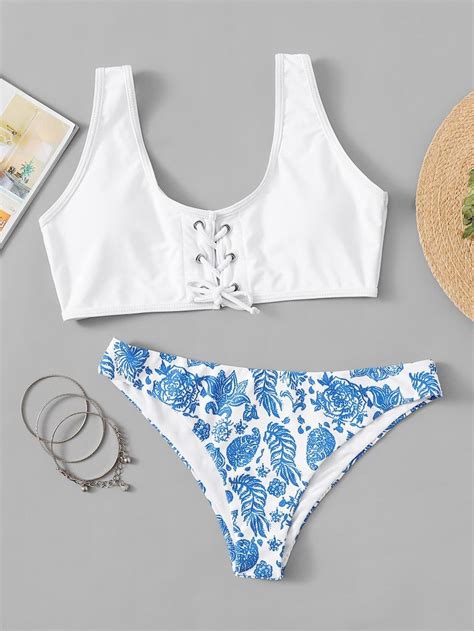 Lace Up Front Top With Floral High Leg Bikini Set High Leg Bikini