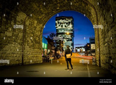 View Through A Tunnel Onto The Prime Tower At Night Zurich