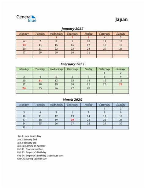 Three Month Calendar For Japan Q1 Of 2025