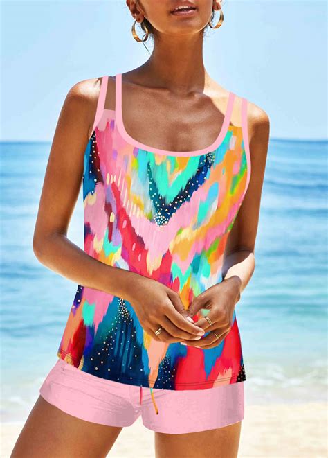 Criss Cross Mid Waisted Geometric Print Tankini Set Usd