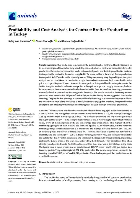 Pdf Analyzing Profitability And Costs In Turkeys Broiler Farming