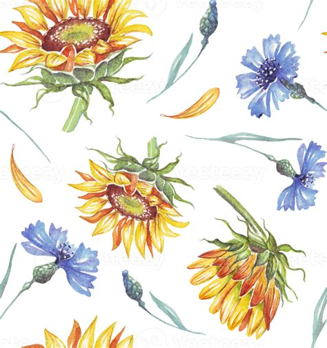 Sunflower And Cornflowers Watercolor Pattern 19017421 Png