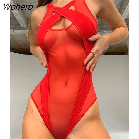 Woherb Sexy Mesh See Through Cut Out Sleeveless Bodysuit 507 1