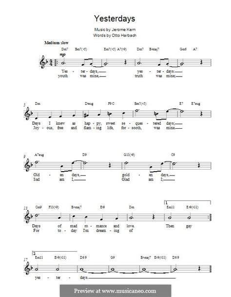 Yesterdays By J Kern Sheet Music On Musicaneo