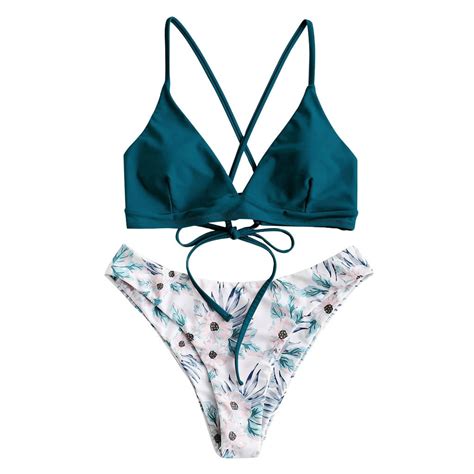 Womens Bikinis Sexy Tow Piece Swimsuit Floral Printing Patchwork Bikini