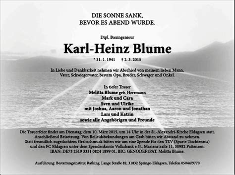 Traueranzeigen Von Karl Heinz Blume Trauerportal Ihrer Tageszeitung