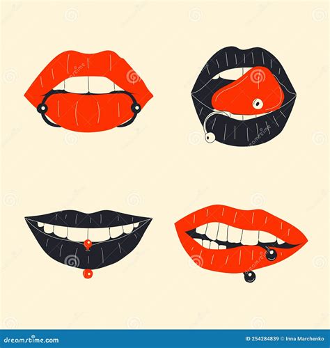 Lips Piercing Vector Set In Cartoon Style Stock Vector Illustration