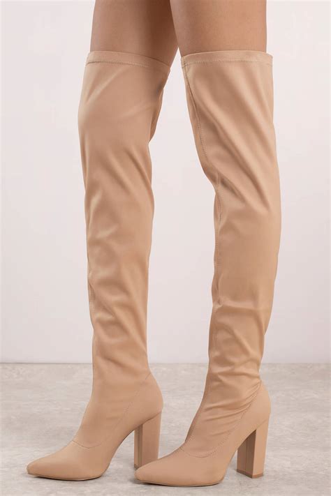 Mixed Signals Satin Thigh High Boots In Nude Tobi US
