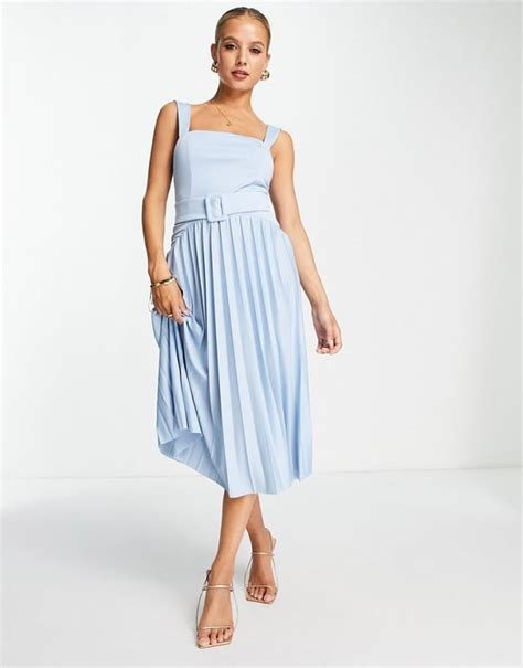 Asos Design Square Neck Dropped Waist Belted Pleated Midi Dress In