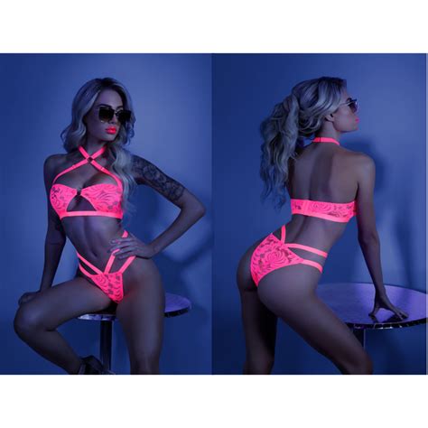 Fantasy Lingerie Glow Sweet Escape Open Cup Cage Bra Crotchless Panty Sm Pink Black