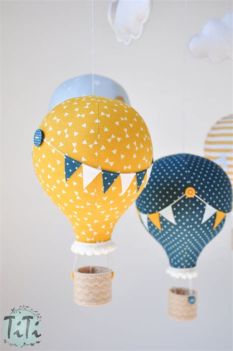 Hot Air Balloon Baby Mobile Baby Blue Mustard Yellow Dark Etsy