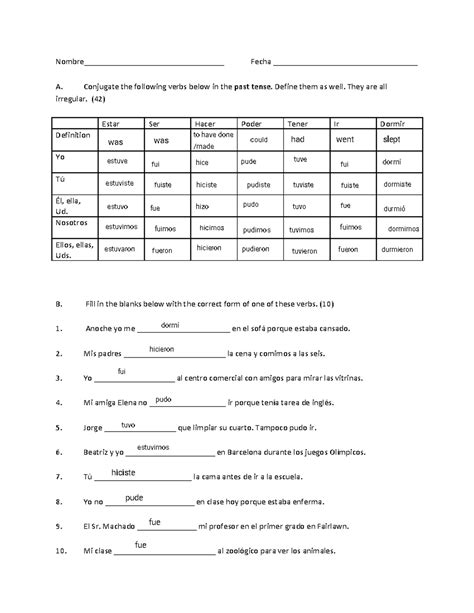 Irregular Past Tense Practice (Spanish 101) - Studocu