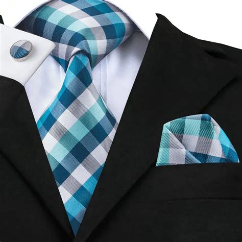 Sn Blue White Gray Plaid Neck Ties Pocket Squares Cufflinks Brand