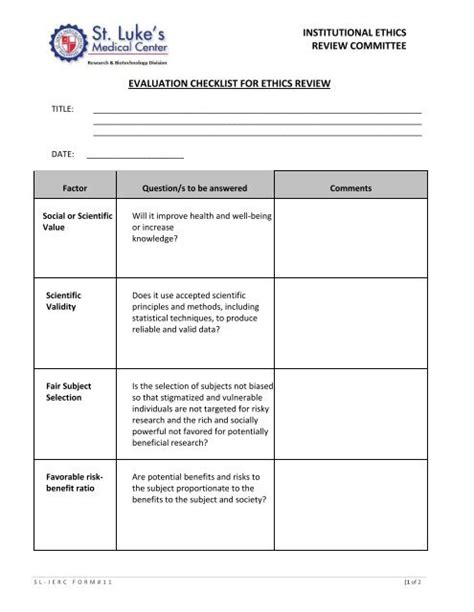 Evaluation Checklist For Ethics Review Institutional