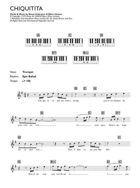 Chiquitita Par Abba Partitions Pour Piano Accords Lyrics Sur Sheet