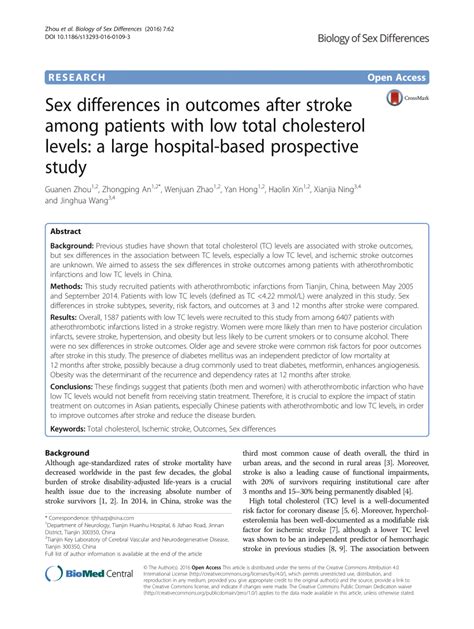 Pdf Sex Differences In Outcomes After Stroke Among Patients With Low Total Cholesterol Levels