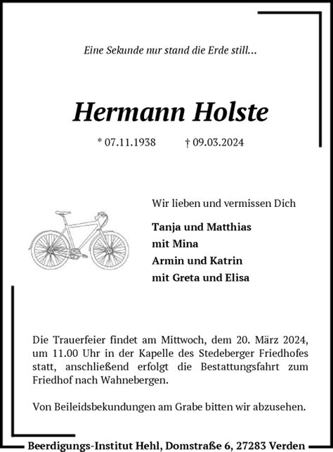 Traueranzeigen Von Hermann Holste Trauer Kreiszeitung De