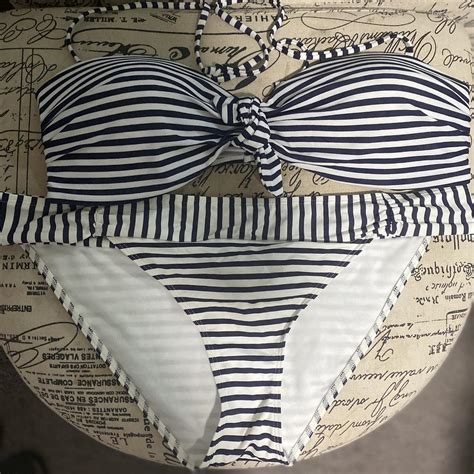 Stripped Bikini Brandnew Navy White Size Depop