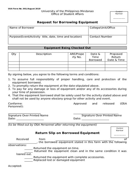 Osa Request For Borrowing Equipment Doc Template Pdffiller