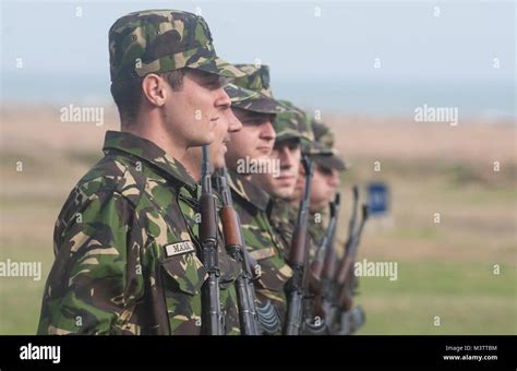 Members of the Romanian Air Force stand in formation during a 10th Army Air Defense Command ...