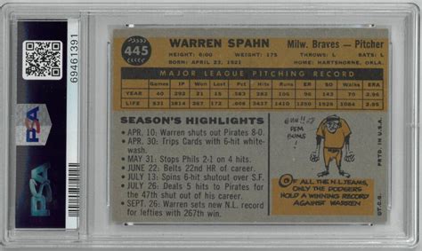 Warren Spahn 1960 Topps Baseball Card 445 PSA Graded 6 EX MT