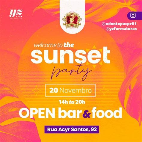 An Open Bar And Food Event With The Sun Set Party Logo In Purple