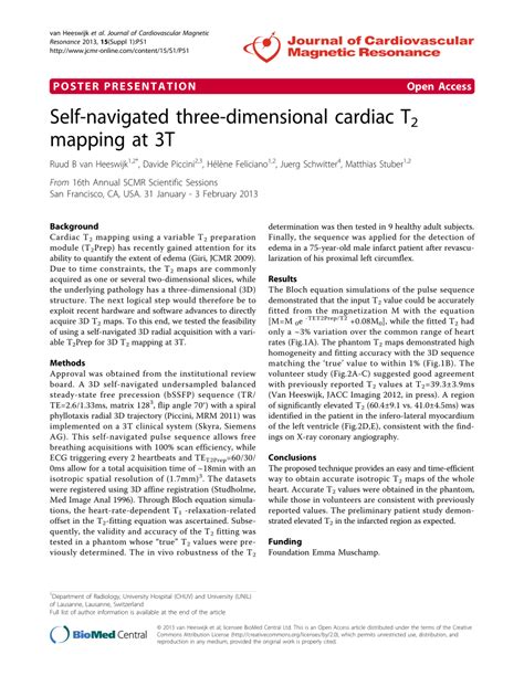 Pdf Self Navigated Three Dimensional Cardiac T2 Mapping At 3t