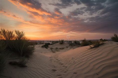 Sand Dunes and Sunset, with Clouds and Colors Transitioning from Day To ...