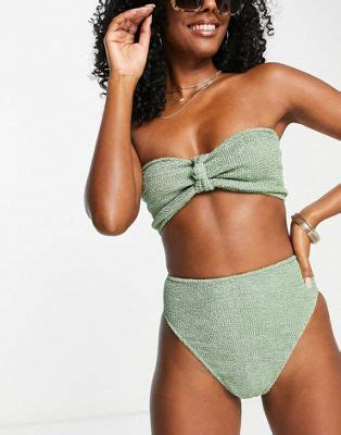 ASOS DESIGN Mix Match Haut de bikini bandeau effet froissé et noué Kaki ASOS