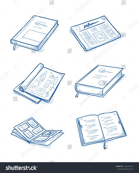 Set of objects as: books and magazines, newspaper, journal and ...