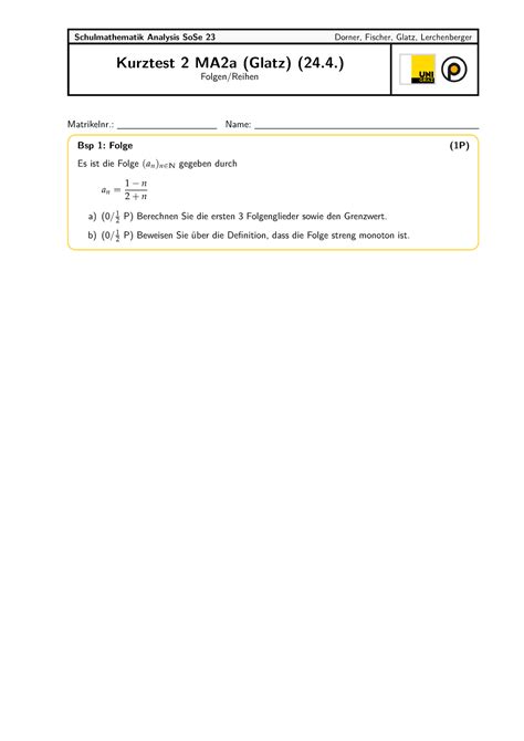 Kurztests Folgen Und Reihen Glatz Schulmathematik Analysis Sose