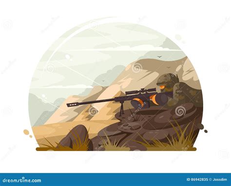 Military Sniper Lies In Wait Stock Vector Illustration Of Peak