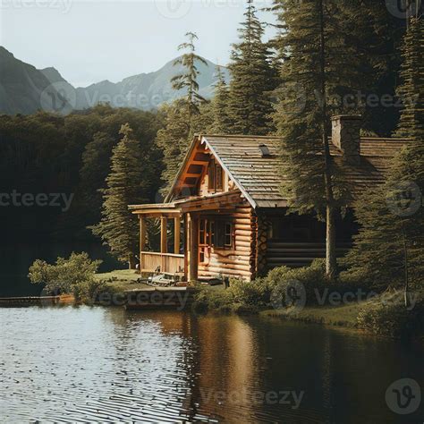 Wood cabin on the lake - log cabin surrounded by trees, mountains, and water in natural ...