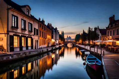 Premium AI Image A Canal At Night With Boats On The Water And A