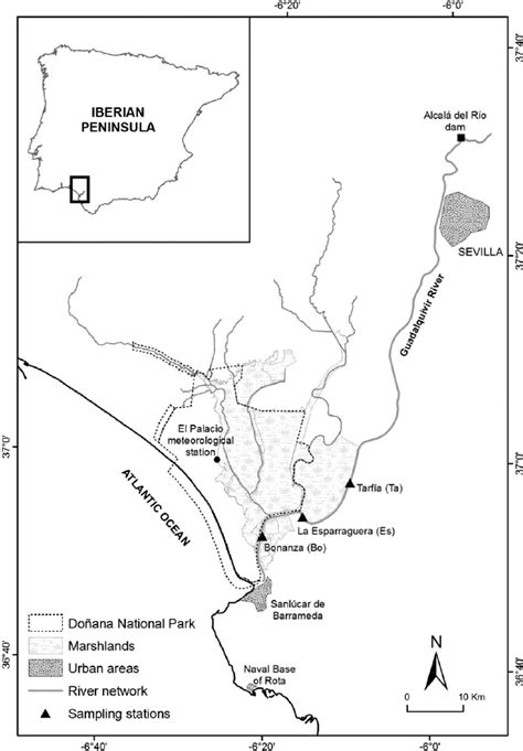 Map of the Guadalquivir River estuary (Southwest Spain) showing the ...