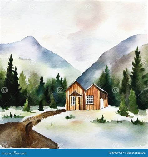 Watercolor of Cabin in the Mountains Stock Illustration - Illustration of wooden, holiday: 299619757