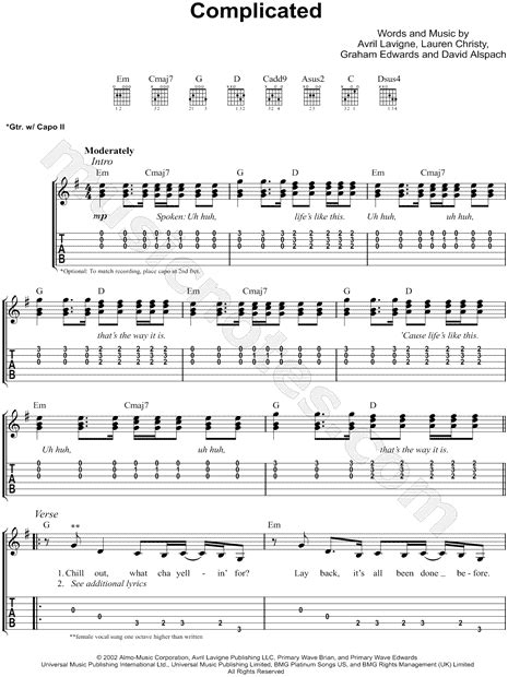 Avril Lavigne Complicated Guitar Tab In G Major Download And Print