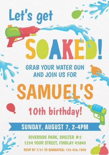 Let S Get Soaked Water Gun Birthday Party Invitations Water War