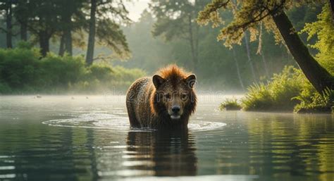 wild animal emerging  water surrounded  lush greenery