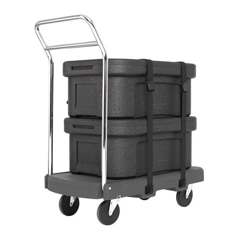 Flatbed utility dolly in dark gray with 5” casters and straps