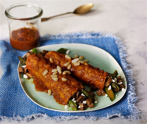 Asparagus Mushroom And Goat Cheese Enchiladas With Pine Nut Mole Sauce