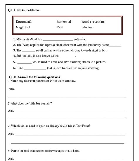 Worksheet For Grade Of Ms Word And Tux Paint Ms Word Computer