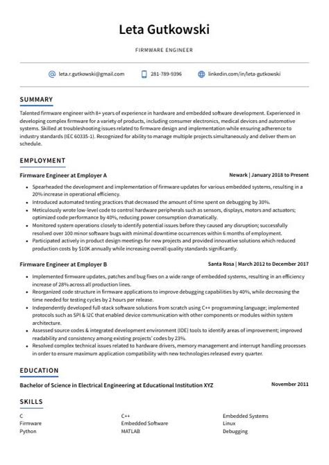 Firmware Engineer Resume (CV) Example and Writing Guide